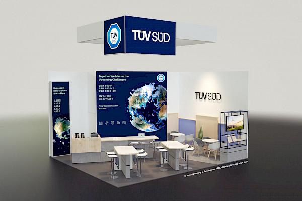 Dunkelblaues Wand-Layout für einen Messeauftritt mit hellgrüner Typografie. Die grafische Gestaltung umfasst eine zentrale Backwall mit einer abstrahierten Erdkugel-Grafik aus Lichtpunkten sowie Icons zu Marktzugängen – ein professionelles Konzept für technisches Branding.