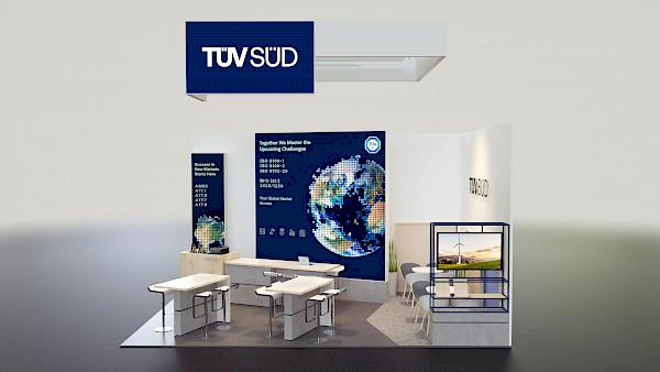 Zielgerichtetes Grafikdesign für Messewände durch die Werbeagentur DesignGefährten: Fernwirksames Branding und Key Visuals für den TÜV SÜD Messeauftritt zur Interlift.