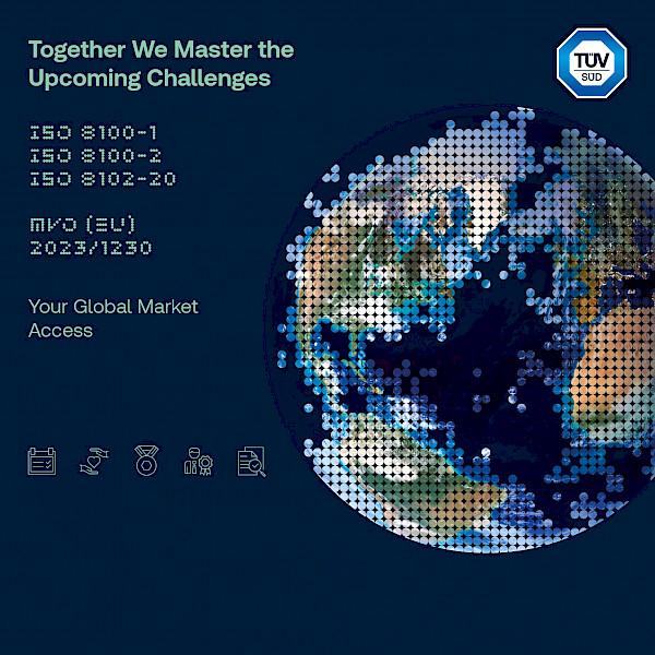 Detailliertes Wand-Layout mit technischer Typografie zu ISO-Normen und Infografik-Icons, gestaltet als Teil eines visuellen Messe-Konzepts durch die Designagentur DesignGefährten.