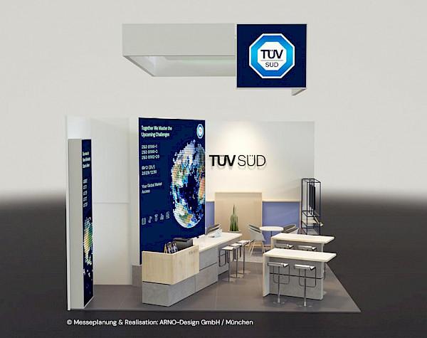 Hochwertiger Messestand im Corporate Design des TÜV SÜD – entwickelt von der Designagentur DesignGefährten als ganzheitliches Konzept für einen professionellen Markenauftritt